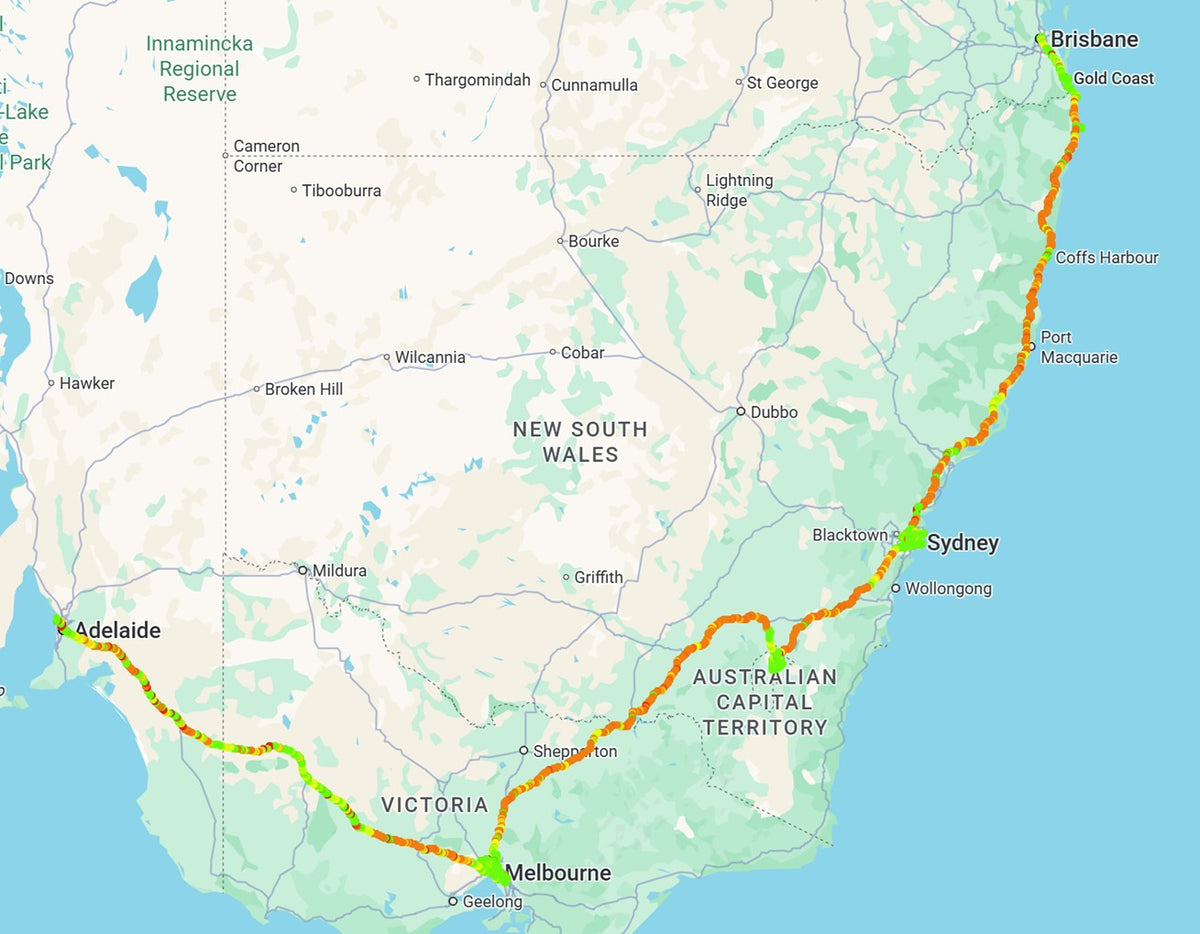 Map of a continuous GPSBob tracking trail from Adelaide through Melbourne, Canberra and Sydney to Brisbane